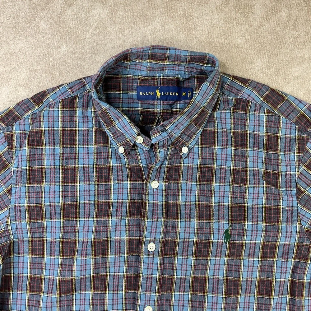 Polo Ralph Lauren Shirt Men Sz M Long Sleeve Plaid Check Button Front Blue Pony